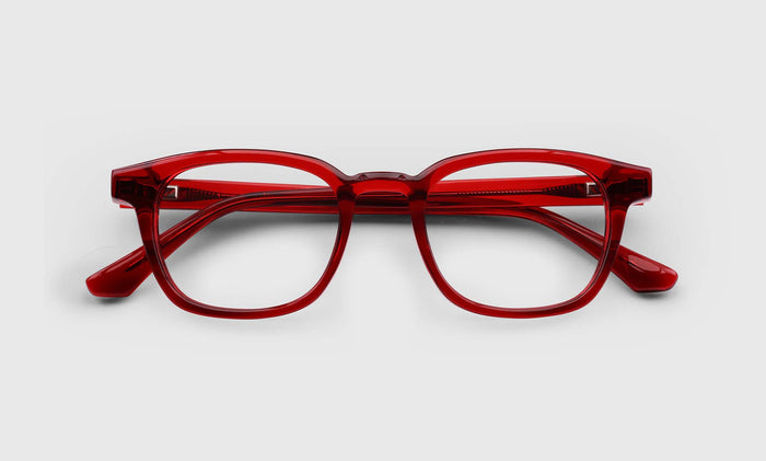 Eyebobs Shareholder Square Blue Light Glasses Cherry Red Crystal